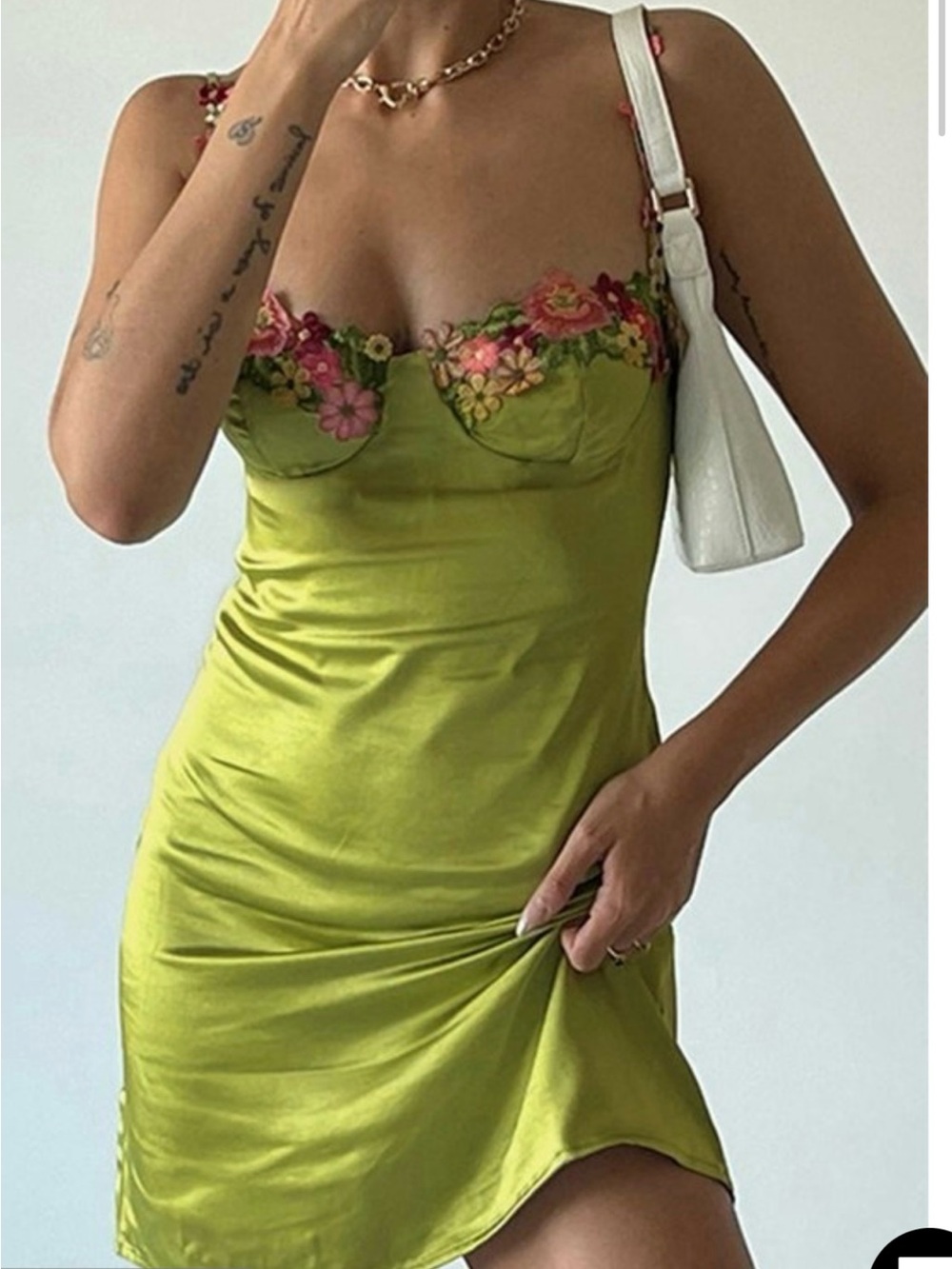 Princess Polly Lime Green Satin Mini Dress with Pink Floral Trim Size 6-8